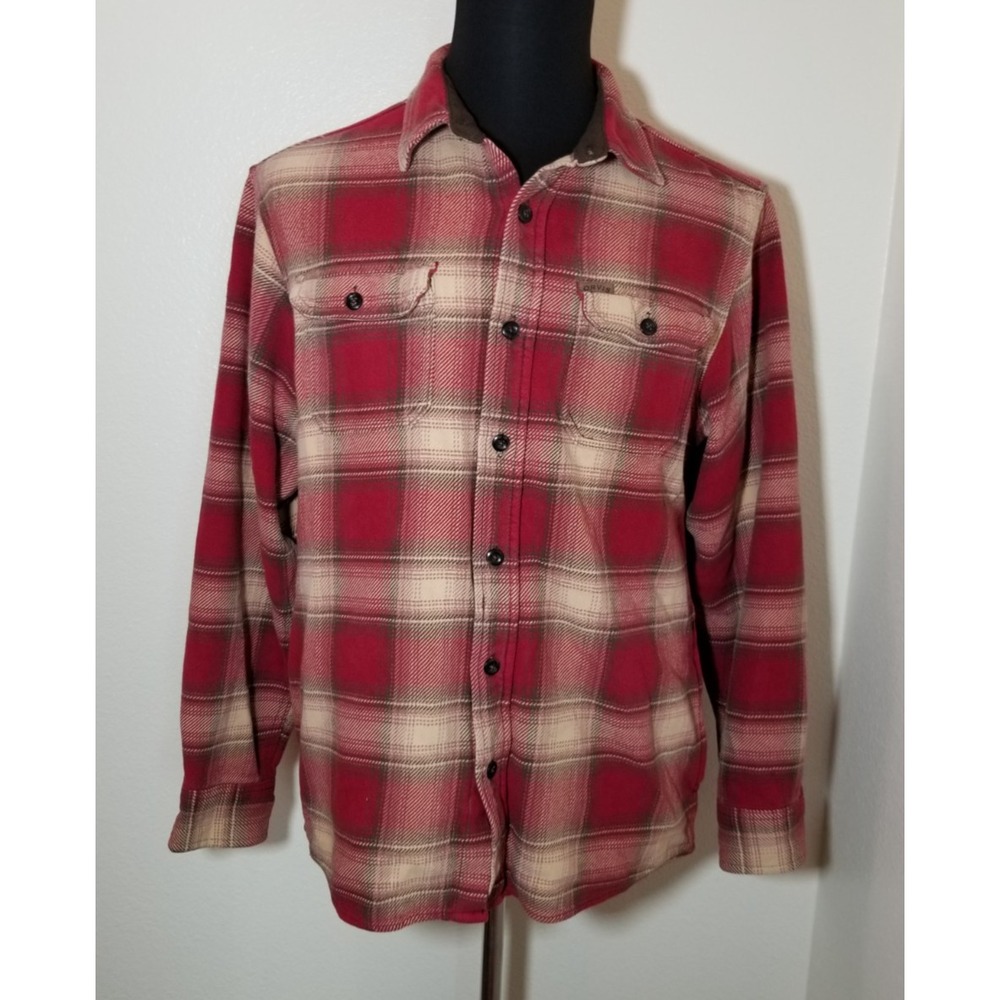 Orvis Mens Medium Red Plaid Long Sleeve Flannel Grunge Fishing Outdoor Camping